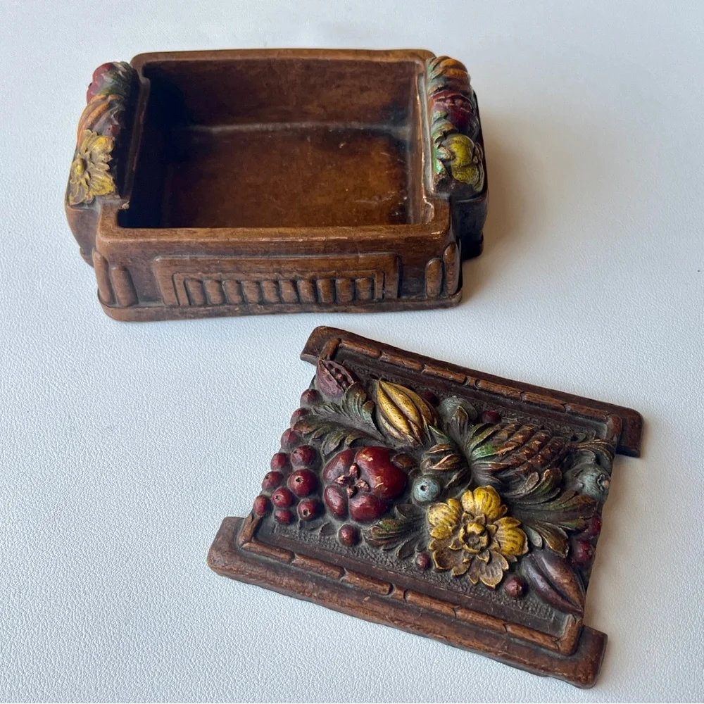 Vintage Cigarette Box, Colorful Syroco Box, Playing Cards Storage 1940s, Fruit
